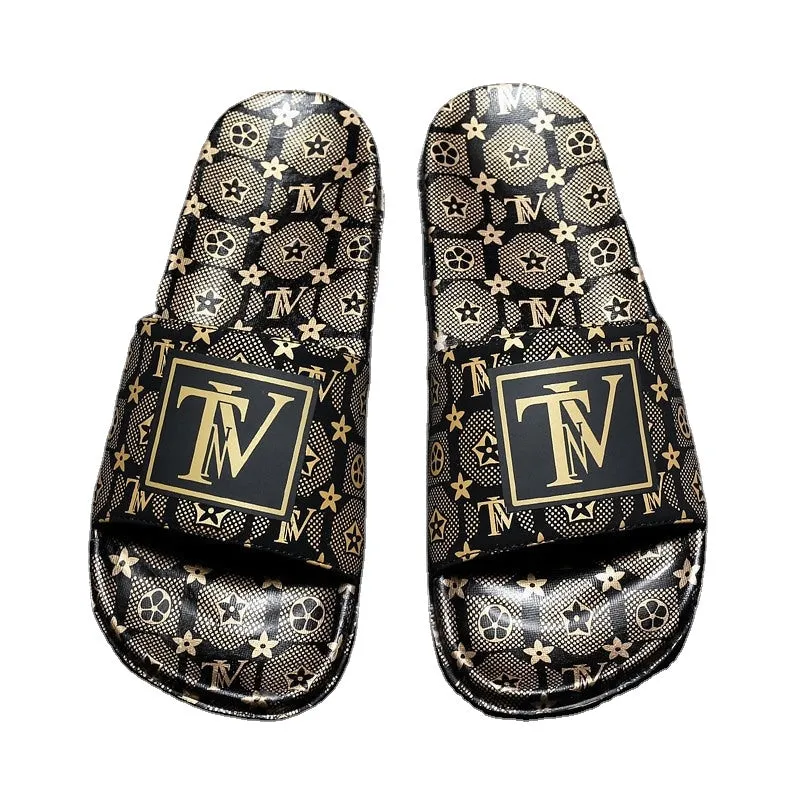 2024 summer new leisure antiskid super light European large limited edition gold men's one word slipper hair substitute