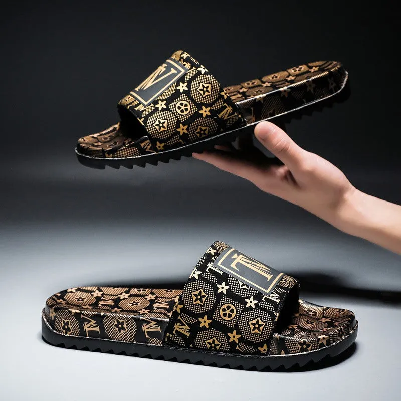 2024 summer new leisure antiskid super light European large limited edition gold men's one word slipper hair substitute