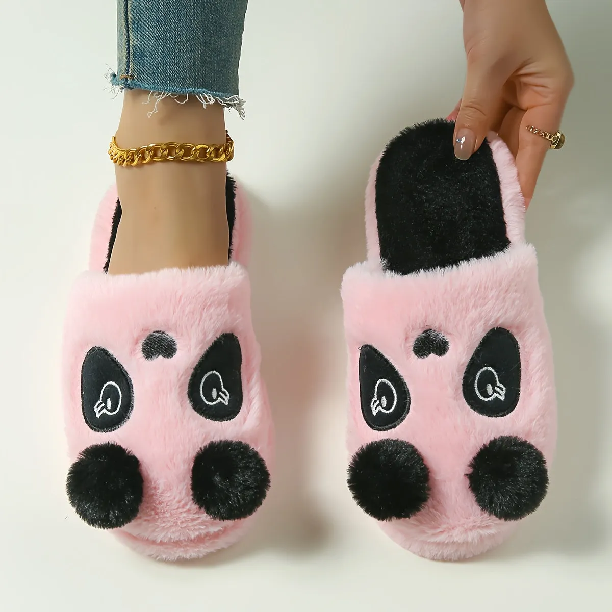 Cute Cartoon Panda Design Slippers, Casual Slip On Plush Lined Shoes, Comfortable Indoor Home Slippers