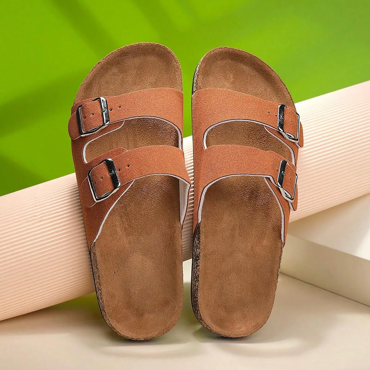 Fashionable Flat Cork Slippers With Buckle, Leisurely Style For Summer, Unisex Beach Sandals With Single Buckle For Outdoor Casual Wear