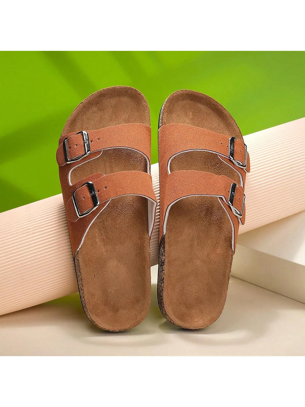 Fashionable Flat Cork Slippers With Buckle, Leisurely Style For Summer, Unisex Beach Sandals With Single Buckle For Outdoor Casual Wear