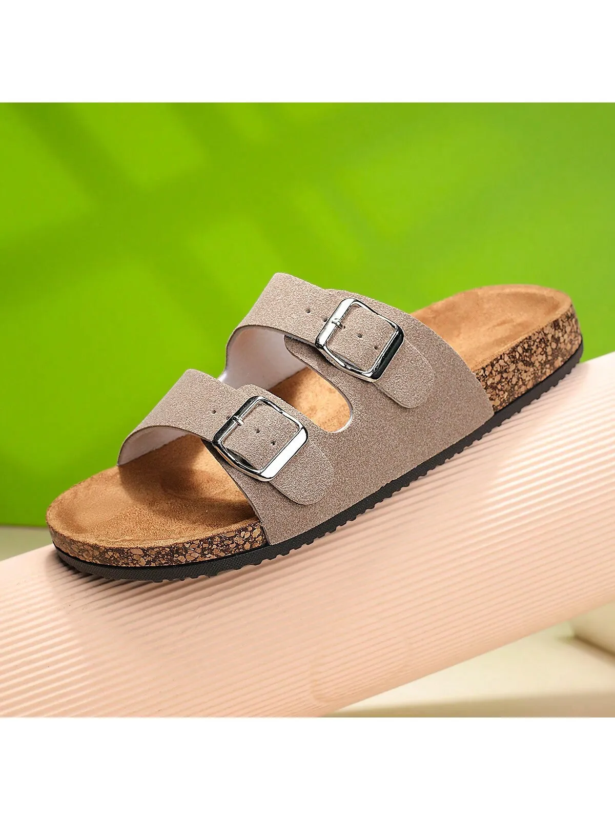 Fashionable Flat Cork Slippers With Buckle, Leisurely Style For Summer, Unisex Beach Sandals With Single Buckle For Outdoor Casual Wear