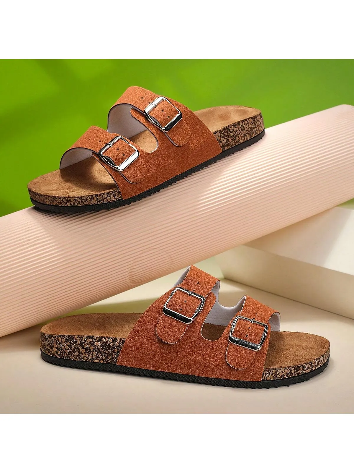 Fashionable Flat Cork Slippers With Buckle, Leisurely Style For Summer, Unisex Beach Sandals With Single Buckle For Outdoor Casual Wear