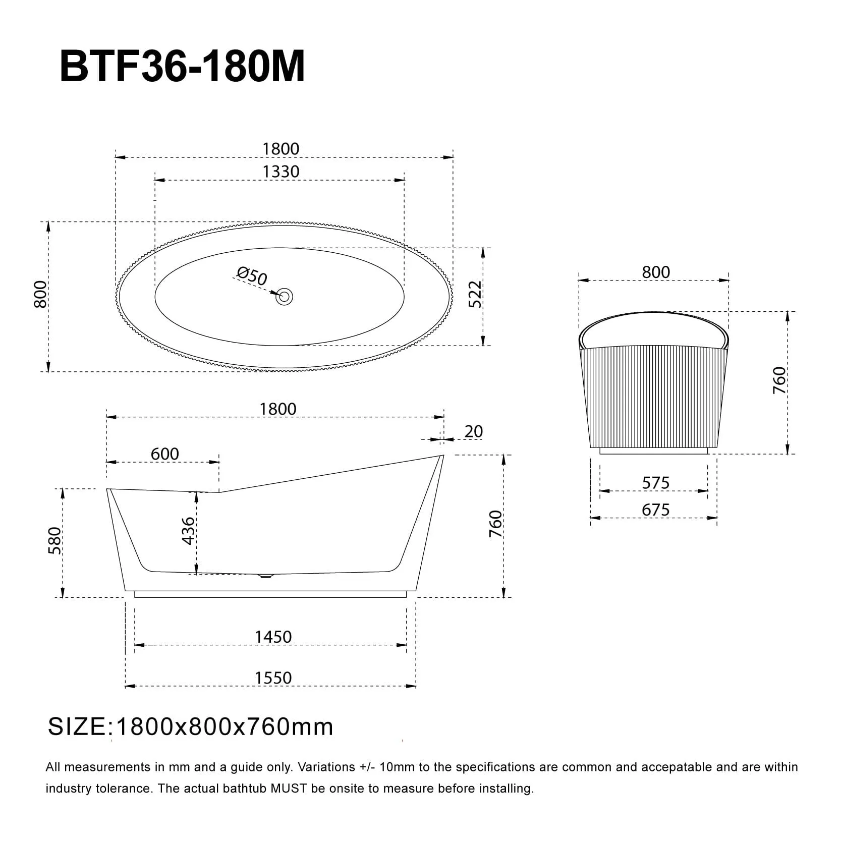 Helena 1800mm V-Groove Fluted Large Free Standing Bathtub Matte White