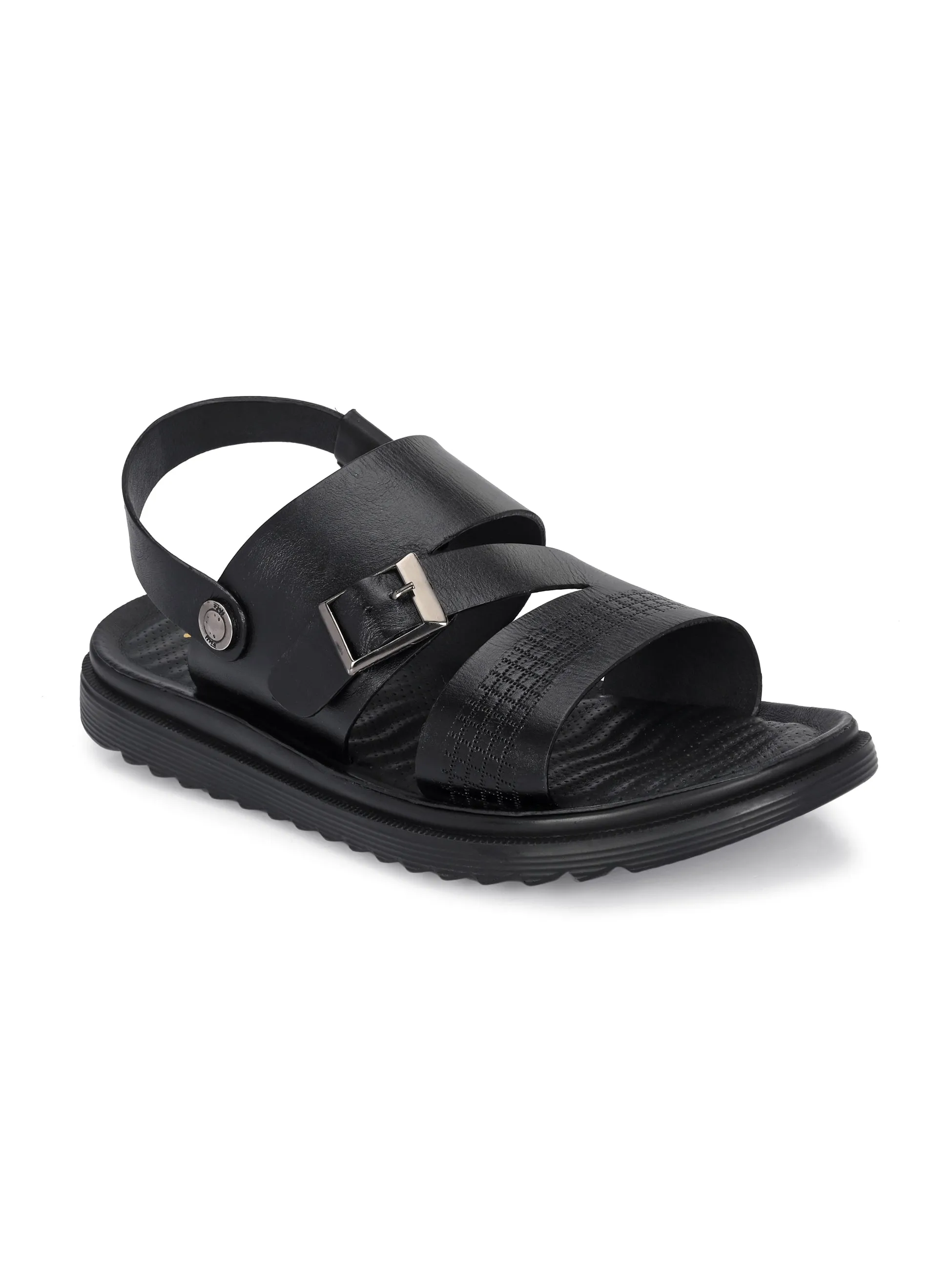 Hitz Men's Black Leather Open Toe Slip-On Sandals