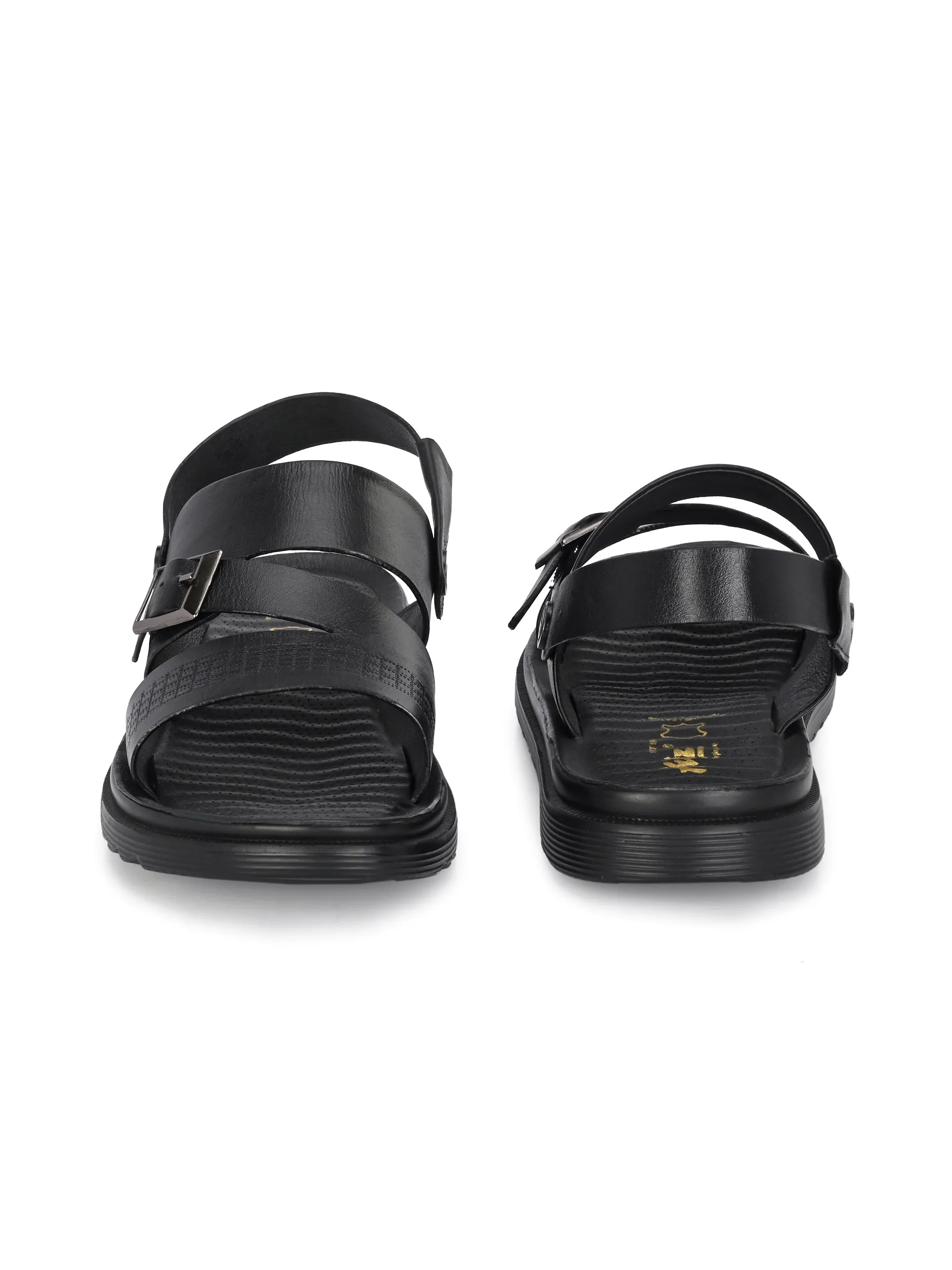 Hitz Men's Black Leather Open Toe Slip-On Sandals