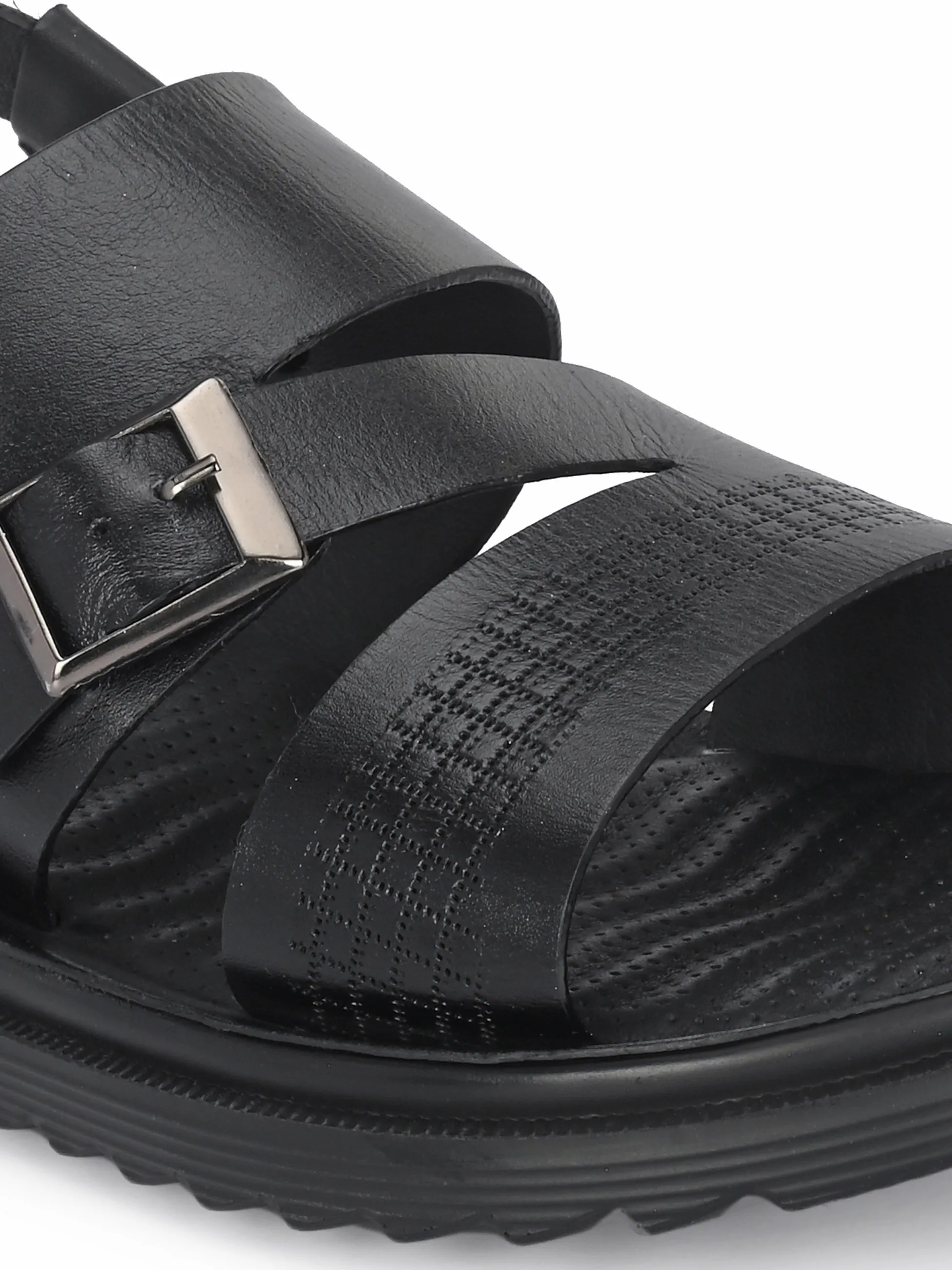 Hitz Men's Black Leather Open Toe Slip-On Sandals