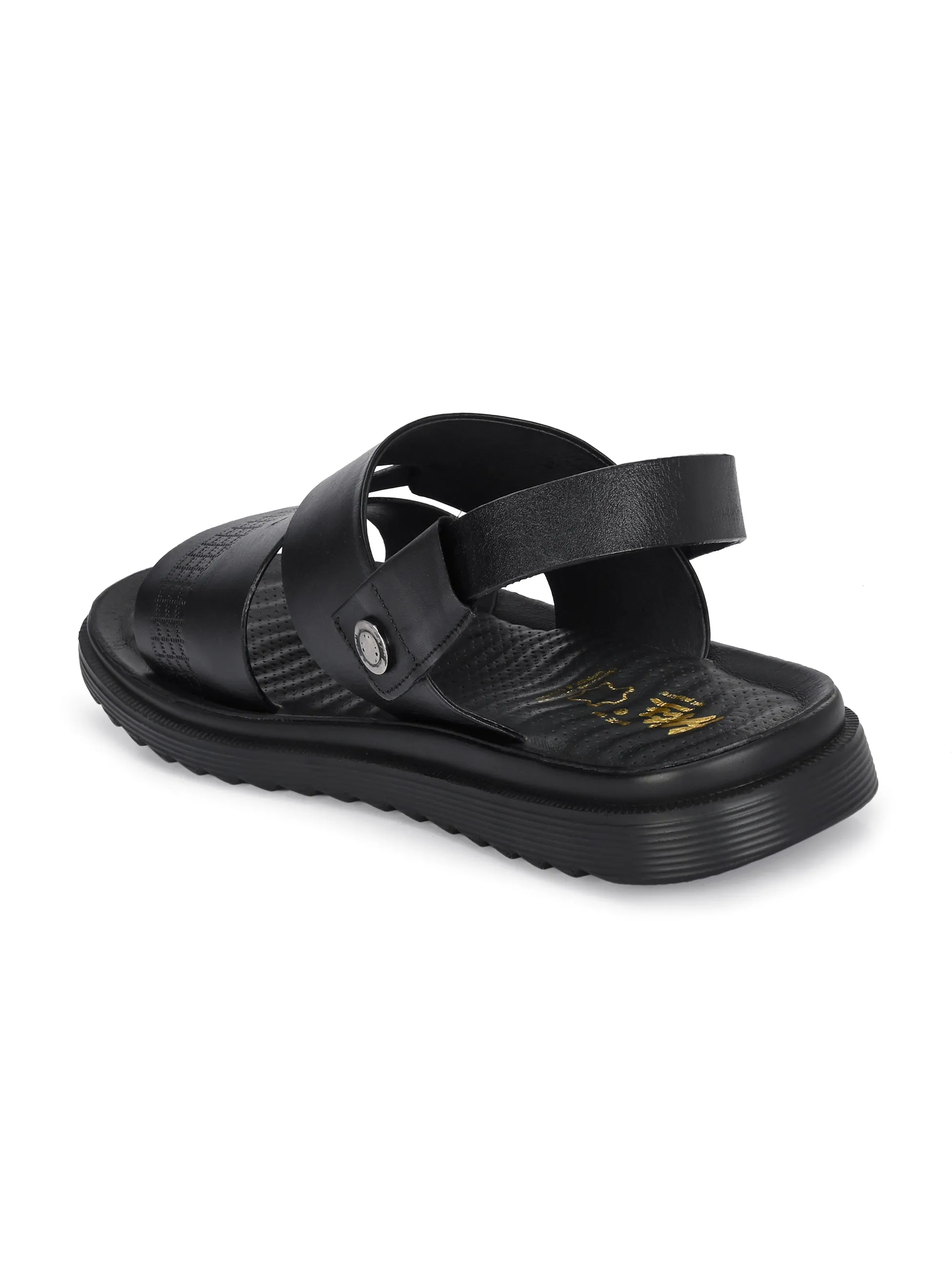 Hitz Men's Black Leather Open Toe Slip-On Sandals