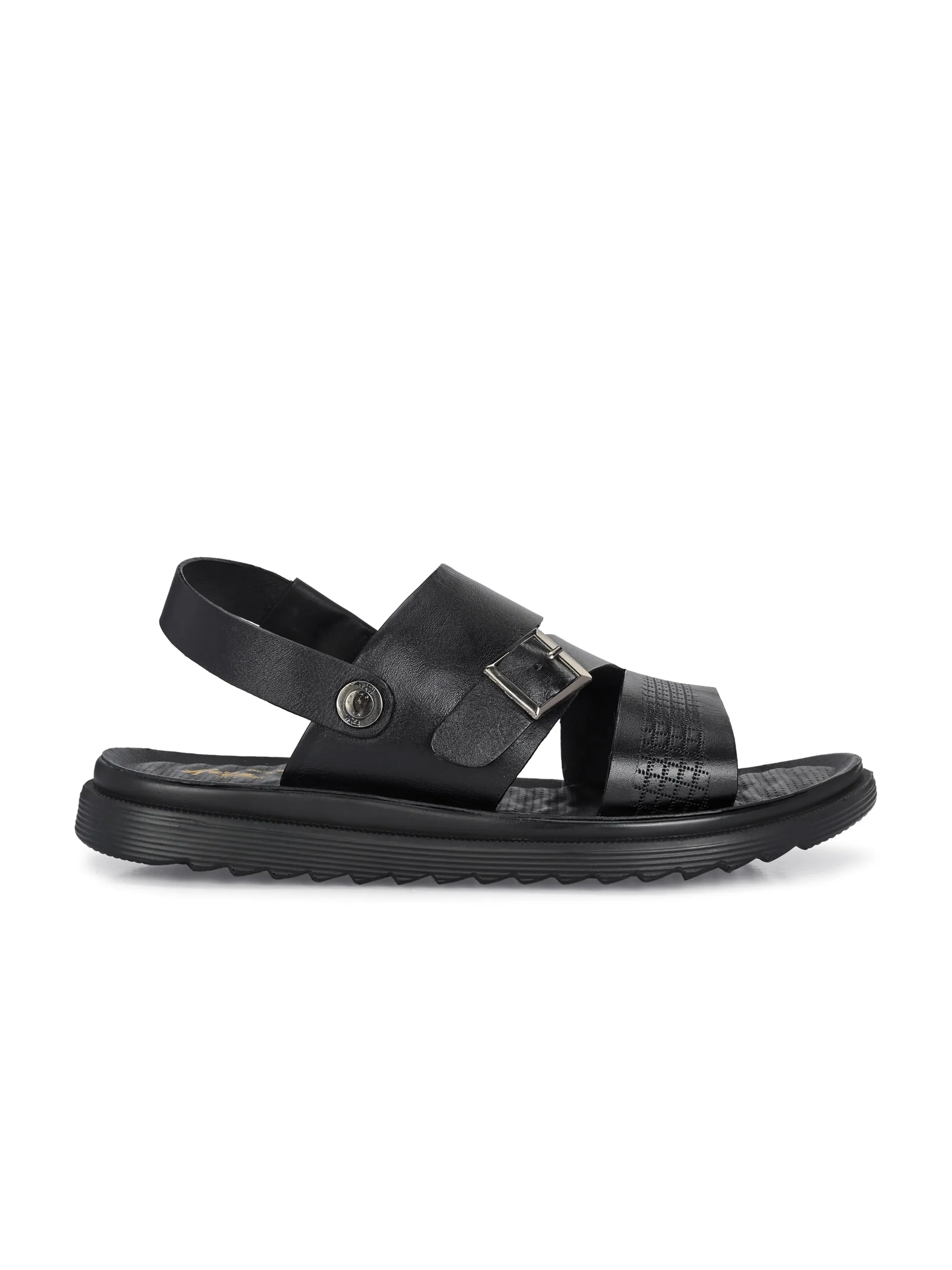 Hitz Men's Black Leather Open Toe Slip-On Sandals