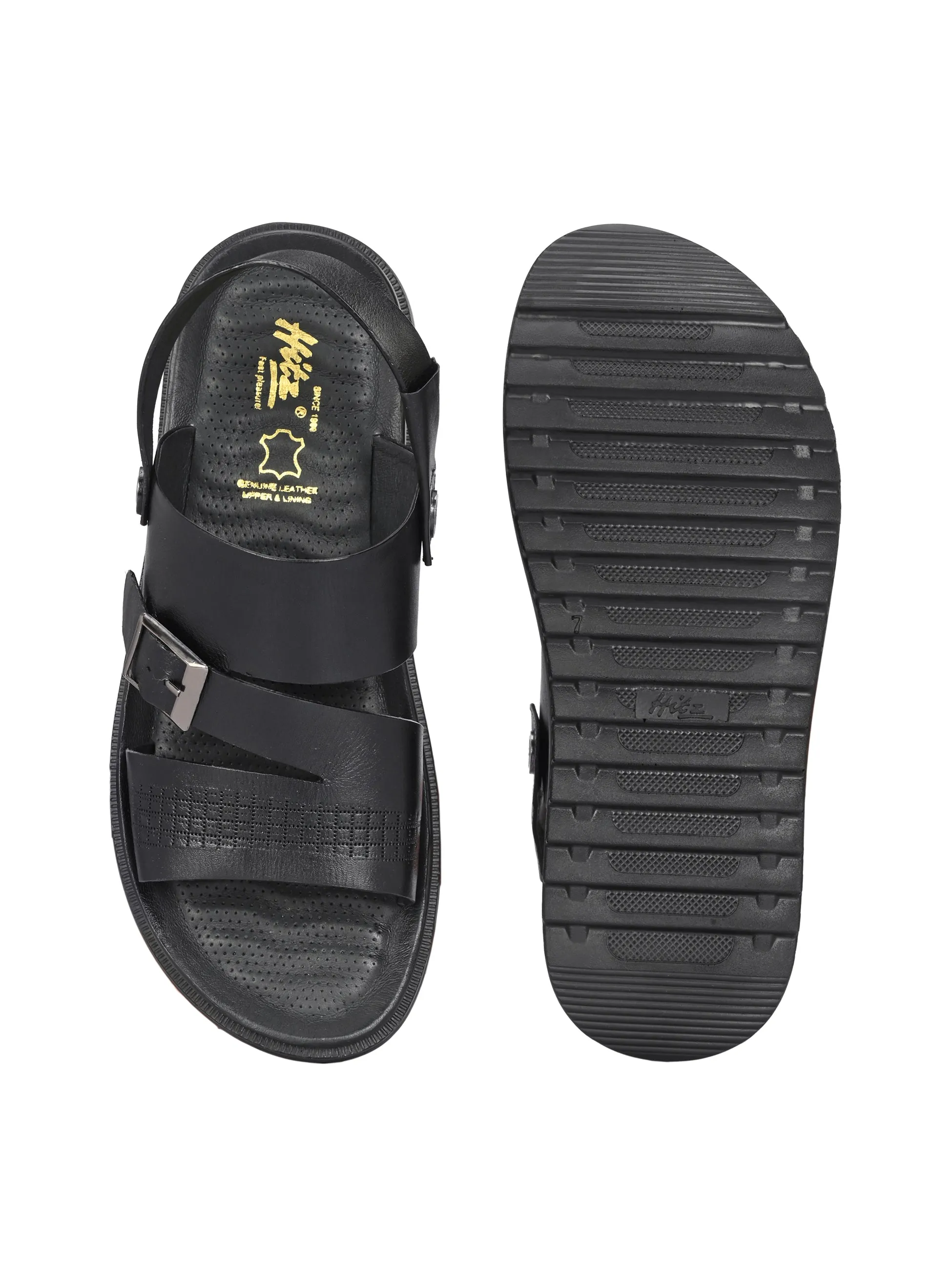 Hitz Men's Black Leather Open Toe Slip-On Sandals