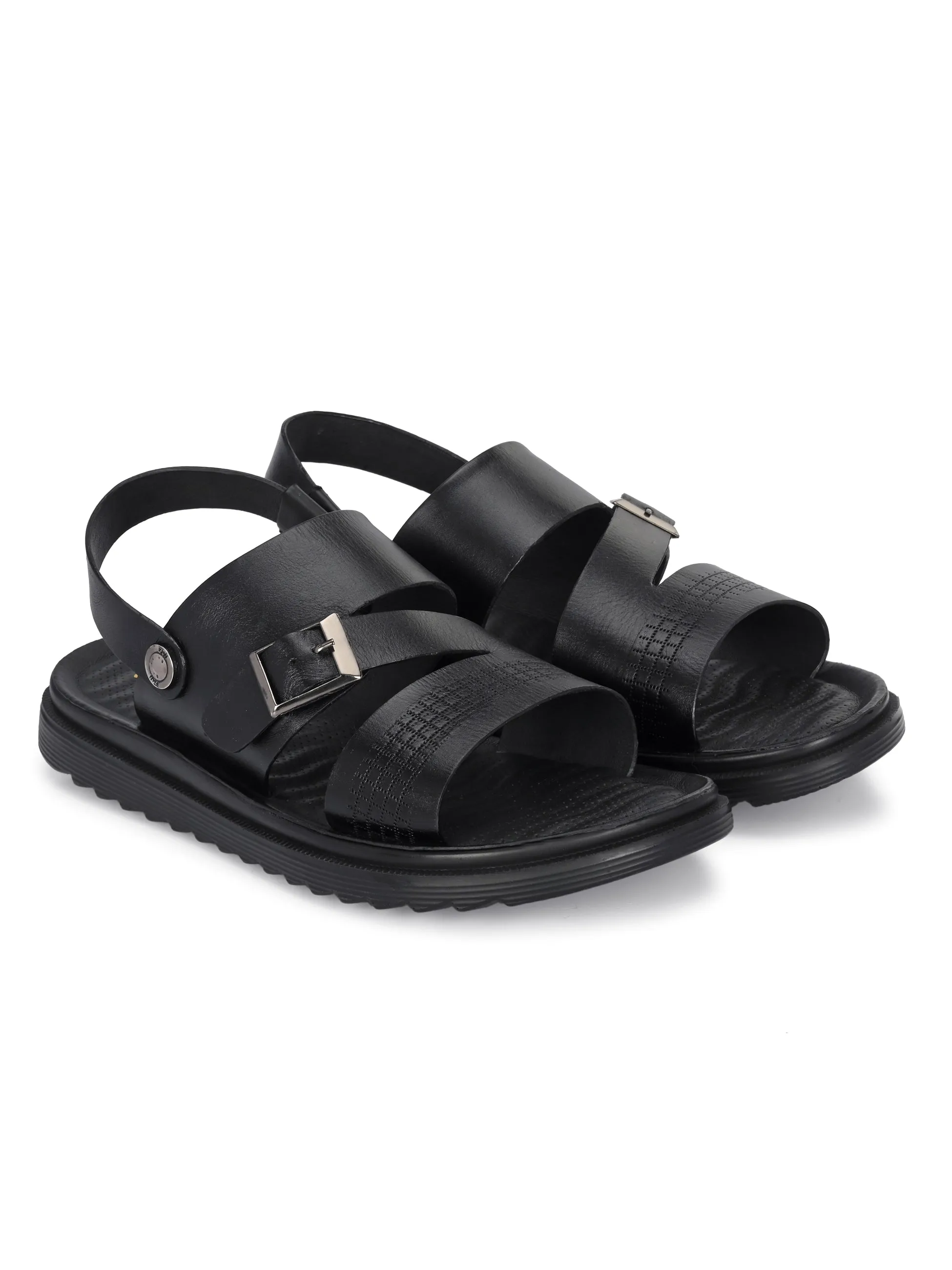 Hitz Men's Black Leather Open Toe Slip-On Sandals