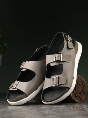 Hitz Men's Grey Leather Daily Wear Buckle Sandals