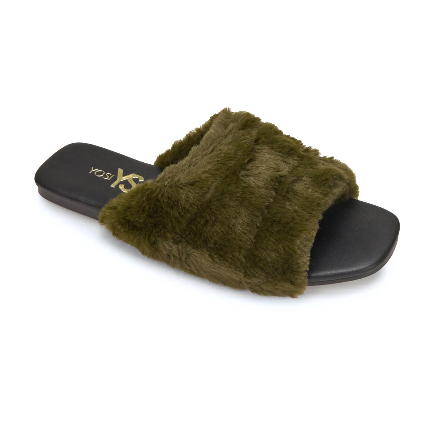 Nora Slipper in Olive Faux Fur