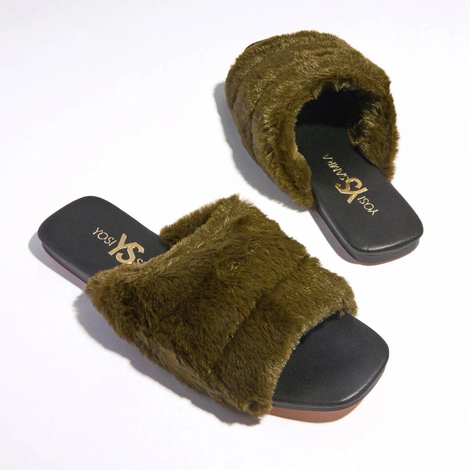 Nora Slipper in Olive Faux Fur