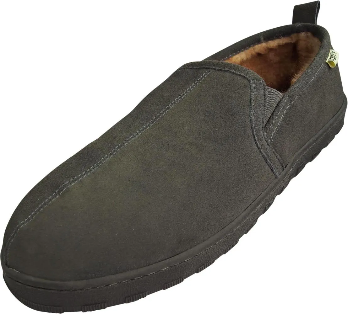 Norty Mens Genuine Leather Cowhide Suede Slippers - Twin Gore Slip On Loafer - Lux Plush Fur Lining