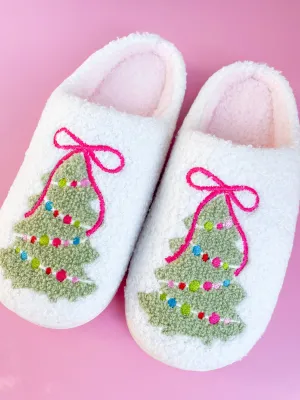 Rock Paper Scissors - Pink Bow Christmas Tree Slippers: Large