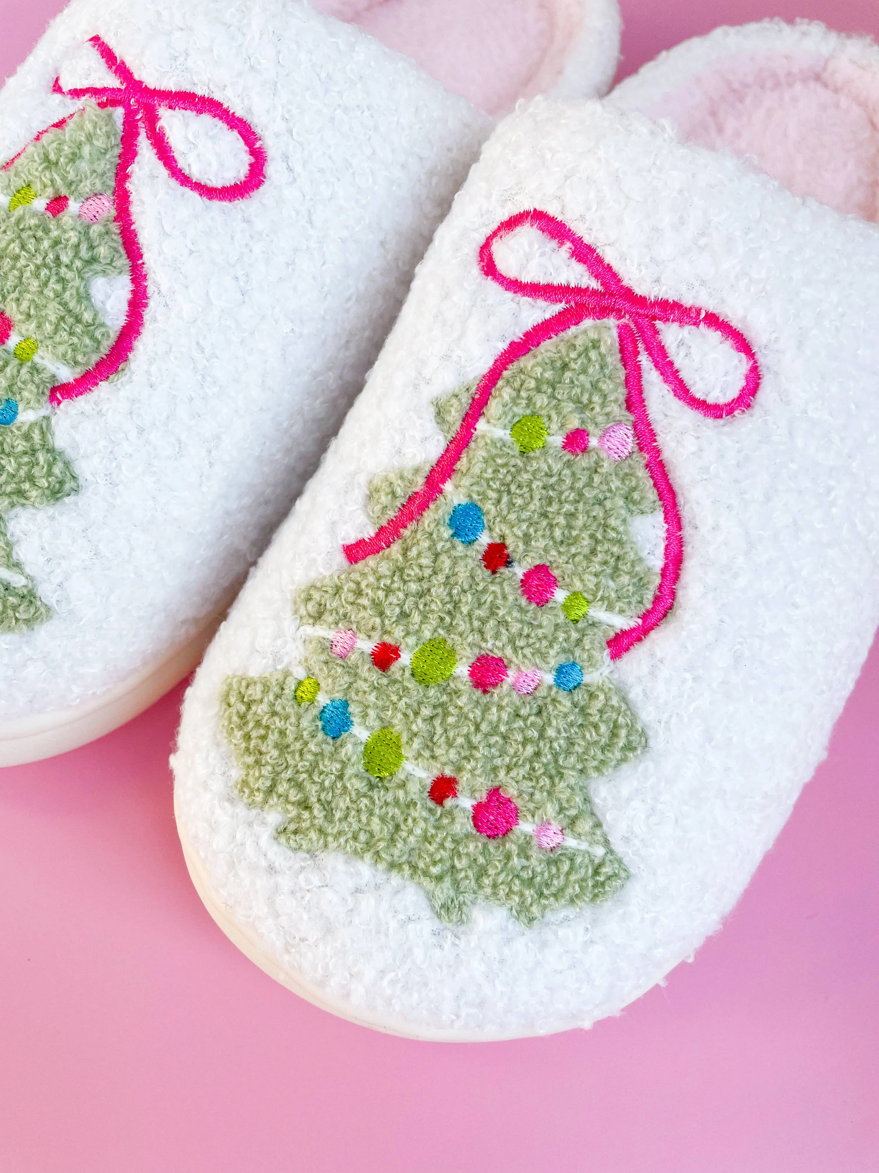 Rock Paper Scissors - Pink Bow Christmas Tree Slippers: Medium