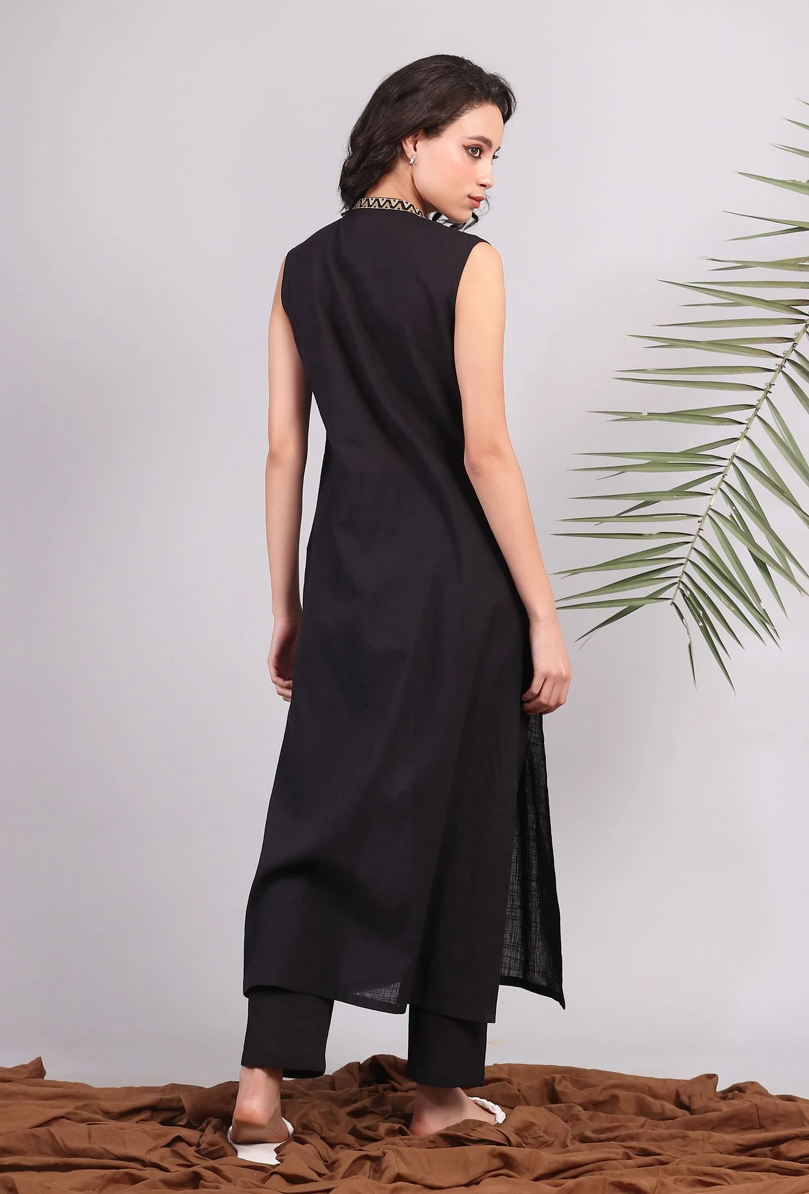 Set of 2: Black Bandhgala Sleeveless Kurta with Solid Black Narrow Pants